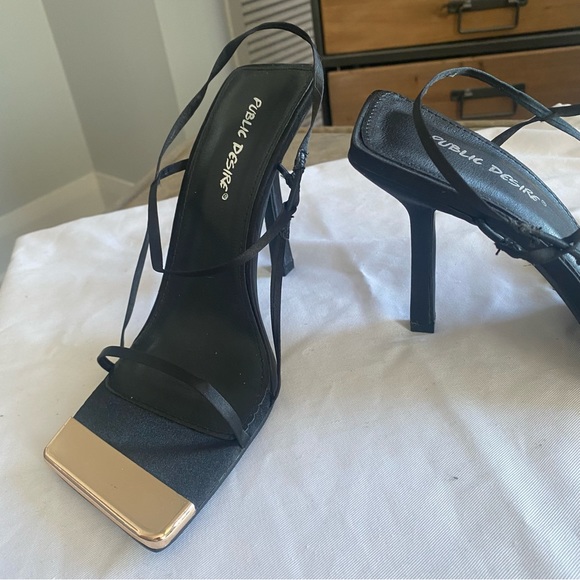 Public Desire Heeled In Black Satin Gold Details, US:7 - Picture 3 of 6